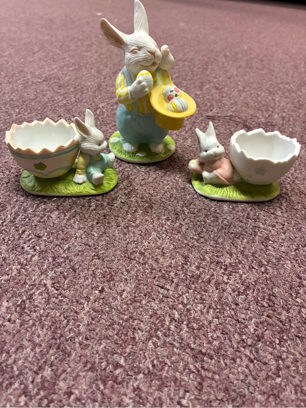 Easter Bunny Ceramic Figurine Set in Pastel Yellow, Blue, Pink